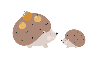 Cute hedgehog with baby. Flat cartoon vector illustration isolated on white background. Mother's Day card. 
