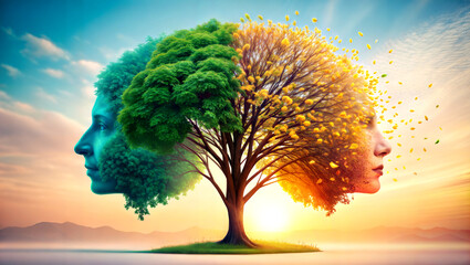 illustration two faces and tree, summer, autumn, colorful, nature and life concept, for presentation, for design template, party, festive, seminar, banner, flyer, card, for brochure cover