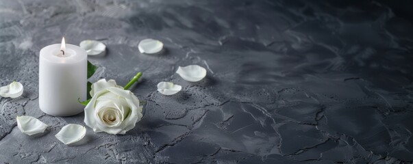 White candle with a rose and flower petals on grey stone panoramic background with copy space, funeral services web banner