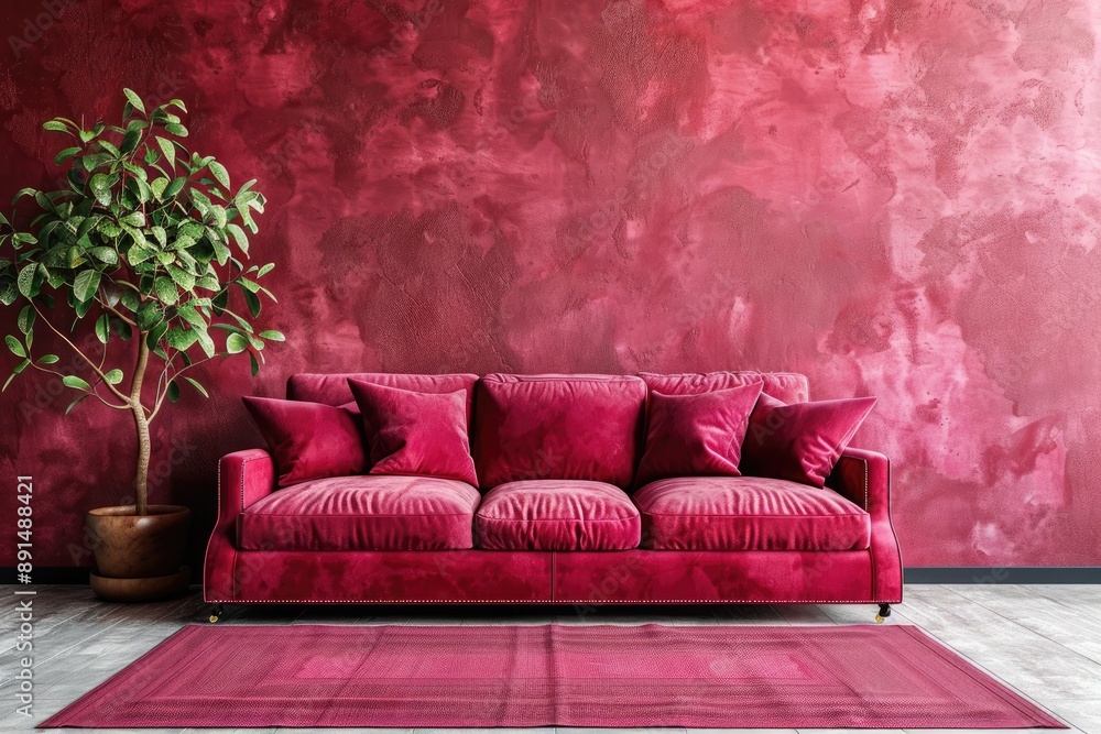 Poster a red couch sits in front of a red wall. the couch is covered in a plush fabric and has three cushio