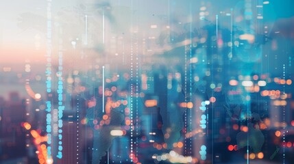 Abstract Creative World Map Interface on Blurry Skyline Background, Representing International Trading and Global Connectivity. Multiexposure Concept Illustrating Modern Business and Economic Networks