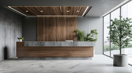Modern Lobby with Wooden Reception Desk, Minimalist Design Featuring Gray Stone Walls and Large Windows Creating a Professional Business Ambiance