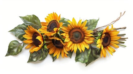 Obraz premium A vibrant bouquet of sunflowers with lush green leaves, isolated on a white background. Perfect for floral and nature-themed designs.