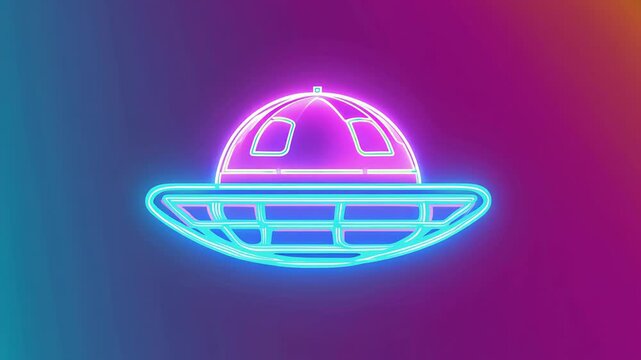 Neon UFO on a multi-colored background. Concept: science fiction and posters, cyberpunk and club posters.