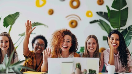 A diverse gathering of business women greeting colleagues during a laptop-based virtual teleconference meeting in an office boardroom. Online worldwide webinar at creative startup agency