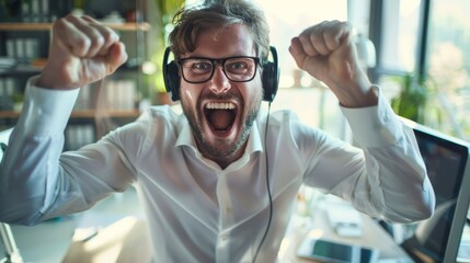 Fototapeta premium Businessman, fist or call center computer sales results, target goals, or b2b consulting. Telemarketing receptionist smiles and winner expression in contact us office