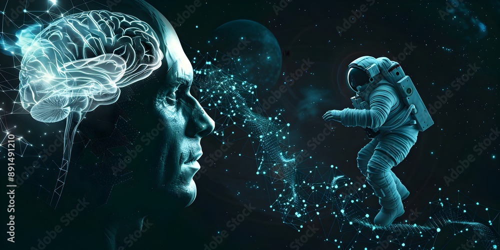Poster a man's head is on the left, with an astronaut floating in space emerging from his brain on right si