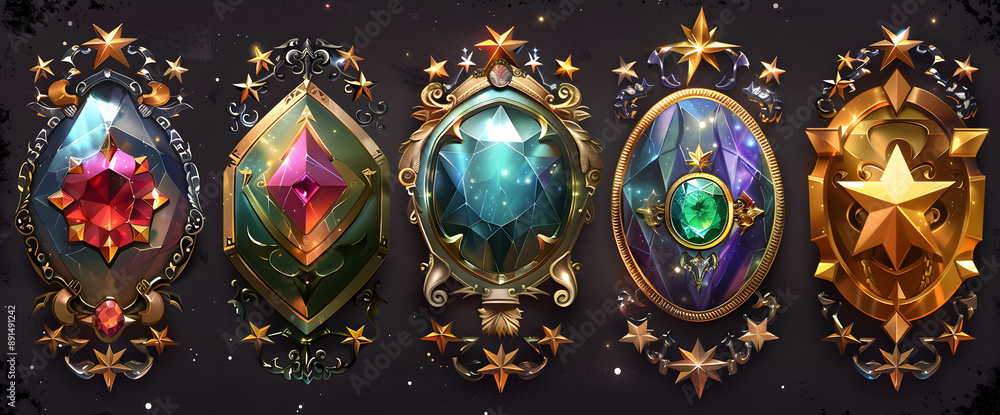Aufkleber for game gui ui design, precious stones in gold and silver frames with stars and fantasy frames. mod