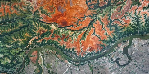 Overhead satellite, earth, and topography of Tokyo, Japan for navigation. Countries' land, group, and topography with aerial geography for international or global view.