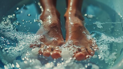 A close up of a person's feet soaking in a detoxifying foot spa with Epsom salts and essential oils