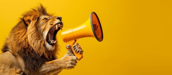 Animal Lion marketing promotion Announcing Message Through Red Megaphone, concept fun idea