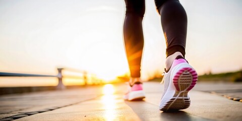 Close-up of female feet in running shoes at sunrise
