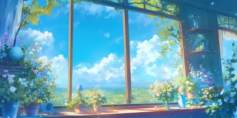 Fototapeta premium Anime illustration of potted flowers on a sunny windowsill