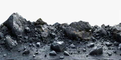 A pile of rugged, dark rock formations set against a plain white background. Perfect for geological or natural material related projects.