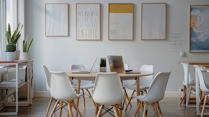 Fototapeta premium Digital marketing, advertising, or creative small business: empty office, laptop, and paperwork. Workplace design includes table, desk, and chairs, technology, and paper research