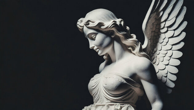 Closeup of detailed marble female angel statue with wings against dark background. Woman sculpture