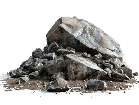 Pile of large rocks and rubble with a white background. Perfect for construction, landscape, or geology projects and presentations.