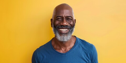 Obraz premium Mature African man laughing in yellow studio. The black guy is laughing and smiling. Have a laugh with a joke.