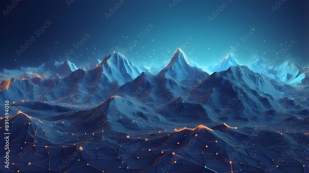 Poster vast data sets. a digitally abstracted panorama of mountains with luminous dots. blue background wit