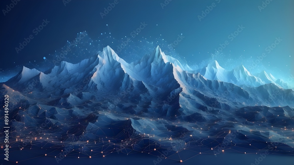 Poster vast data sets. a digitally abstracted panorama of mountains with luminous dots. blue background wit