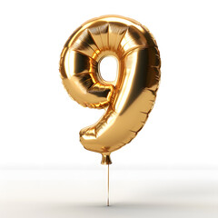 Number 9 foil golden balloon isolated on white background