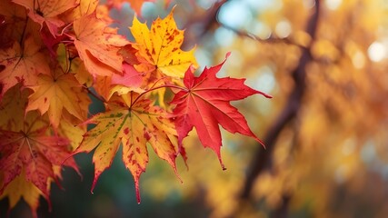 Autumnal fall festival seasonal banner panorama - close-up of vibrant maple leaves on a tree branch, with bokeh and defocused backdrop