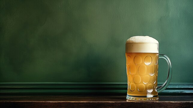 Refreshing Beer Mug on Wooden Table with Sausage Against Dark Green Background &ndash; Ideal for Rustic Themed Designs or Pub Promotions