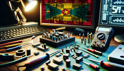 An electronics repair workspace featuring tools, circuit boards, and a multimeter, with a monitor displaying the Grenada flag overlaid on a digital circuit.