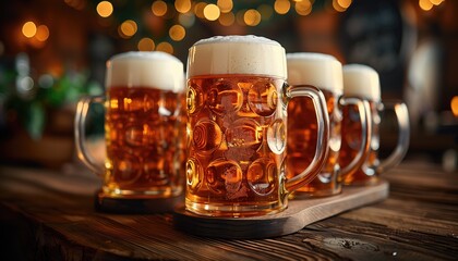 Bavarian Beer Garden with Full Glasses of Beer on Wooden Table &ndash; Festive Bavarian Ambiance for Celebratory Gathering