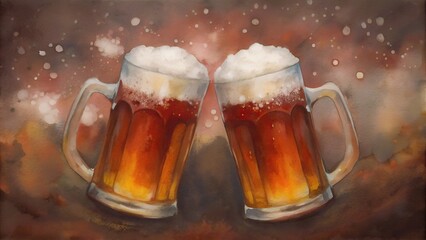 Celebration with Two Frothy Beer Mugs Clinking for Festive Cheers, Perfect Design for Posters and Cards