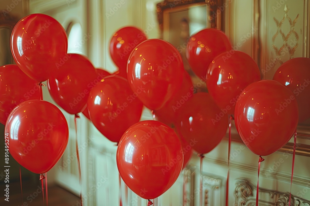 Poster a bunch of red balloons are hanging from the ceiling. the balloons are all different sizes and are t