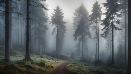 Obraz premium Gorgeous ethereal rising mist forest scene with dark moody trees in the black forest