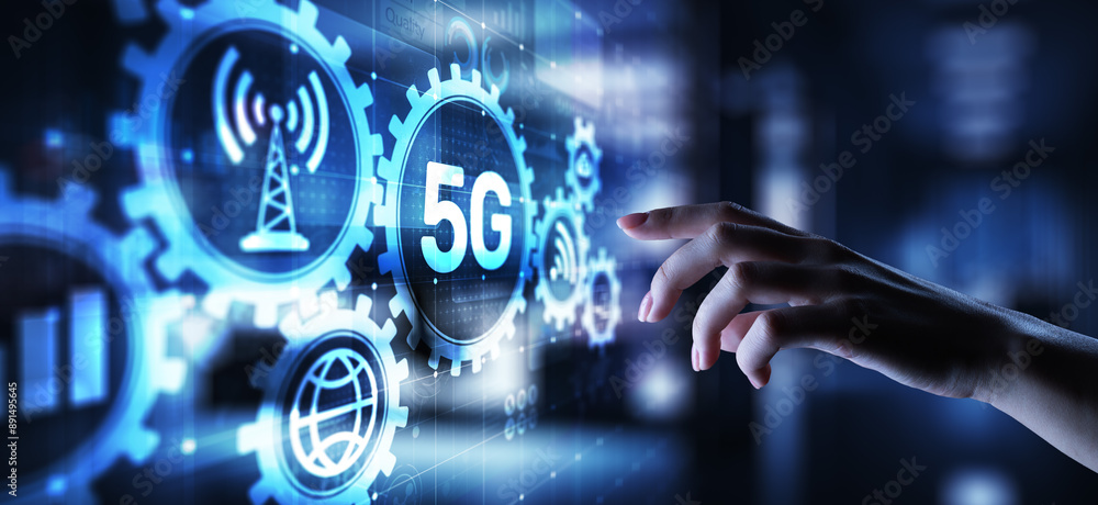 Poster 5g fifth generation of mobile internet. fast connection. telecommunication concept on virtual screen