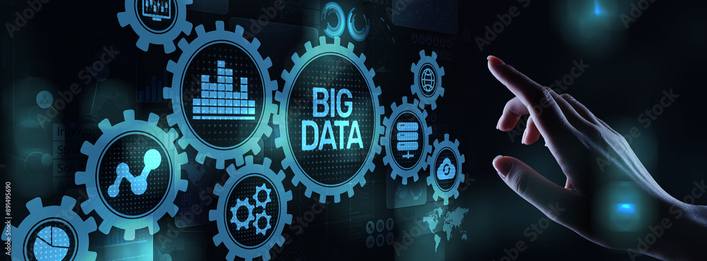 Poster big data analytics platform, business intelligence and modern technology concept on vitual screen.