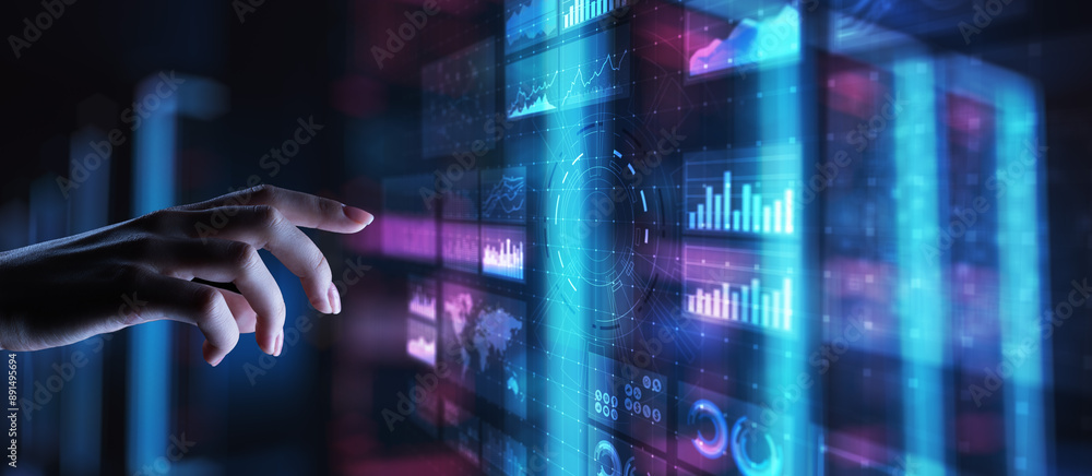 Poster virtual screen business intelligence dashboard, analytics and big data technology concept.