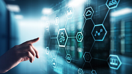 Automation of business and industrial process. Smart factory and technology innovation concept on virtual screen.