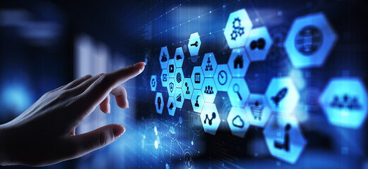 Mixed media, Business intelligence icons on virtual screen, analysis and big data processing dashboard. Business and modern information technology concept.