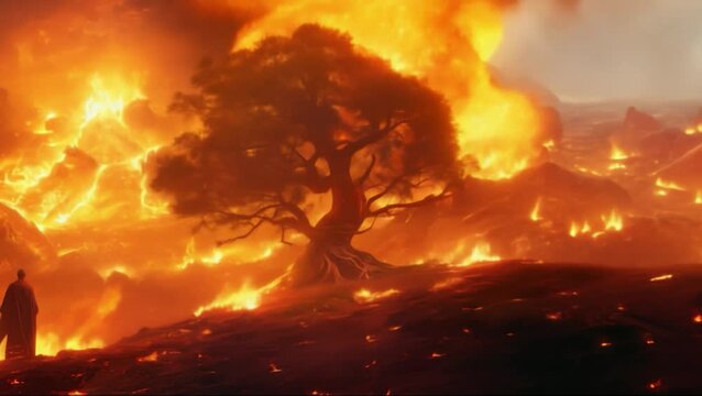 Biblical figure in a mount by burning bushes