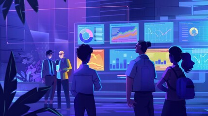 Ethical use of data AI system. diverse group of professionals looking at a large computer screen displaying data graphs. Collaborative effort to identify and mitigate biases in AI data