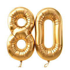 Number "80" foil golden balloon isolated on white background