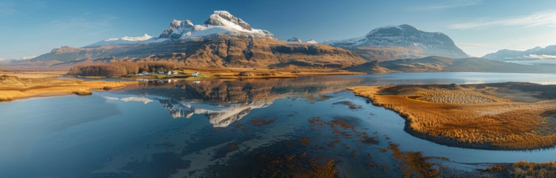 Majestic Aerial View of Scottish Highlands: Benbulben Mountains, Clear Water, and Snowy Peaks at Sunrise with Cooan Uamh Village in Kintyre Area