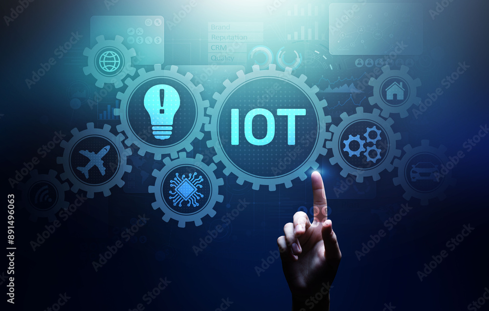 Poster iot internet of things digital transformation modern technology concept on virtual screen.
