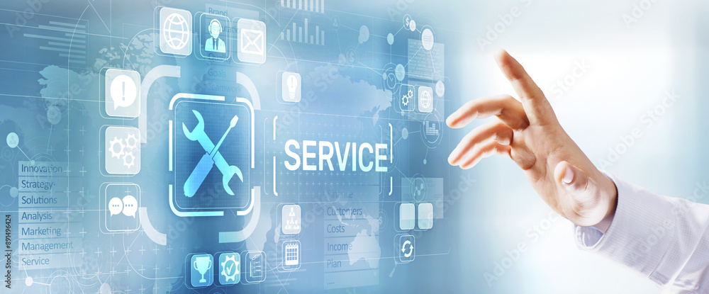 Poster Service support customer help call center Business technology button on virtual screen.