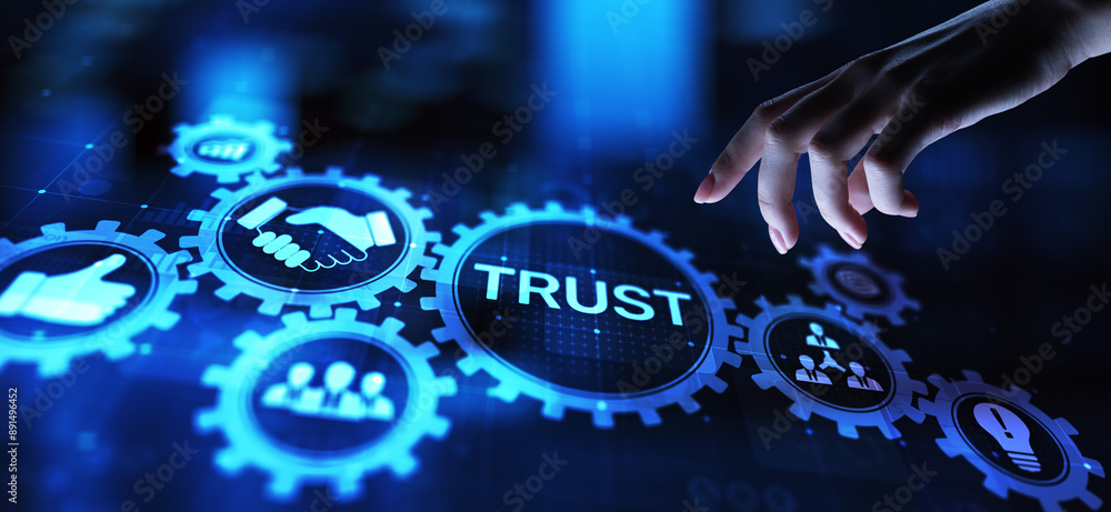 Poster trust customer relations reliability business concept. pointing and pressing on virtual screen.