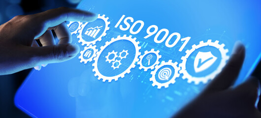 ISO 9001 Standard certification standardisation quality control concept on screen.