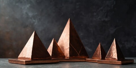 Ancient copper product display podium with pyramids background.