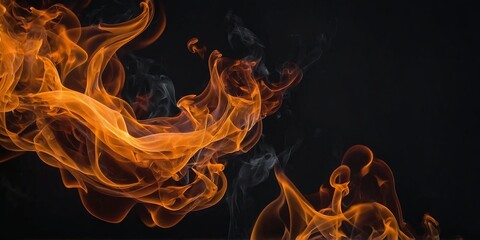 Abstract flames of fire with burning smoke on black background for products display.