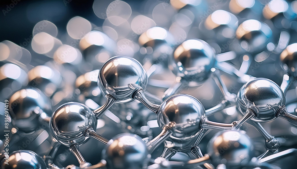 Poster metallic orbs connected in a lattice structure, reflecting light