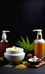 Elegant look herbal cream, shampoo and cosmatics items on a table in a dark background. This image is ai generated
