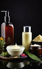 Elegant look herbal cream, shampoo and cosmatics items on a table in a dark background. This image is ai generated